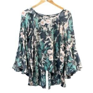 LC Lauren Conrad | Floral Blouse - Black and Green with 3/4 bell sleeves